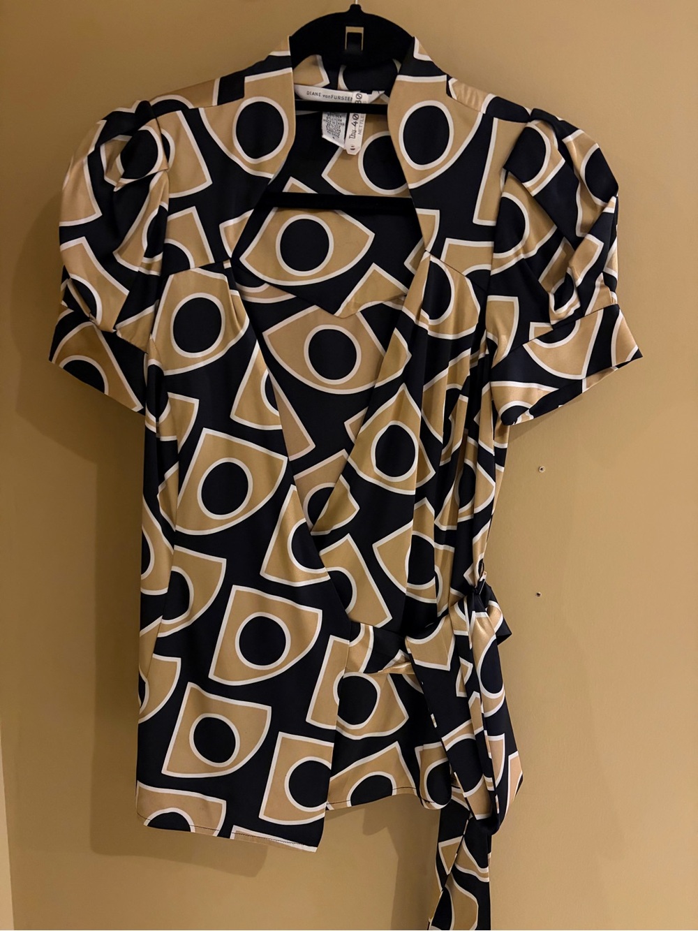 Diane Von Furstenberg Black & Gold Geometric Wrap Blouse